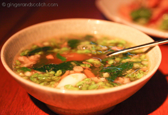 Clear soup of minced pork and prawns with pak warn and squid Clear soup of minced pork and prawns with pak warn and squid
